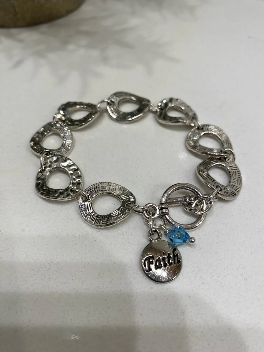 Hammered Silver - Toned Bracelet And Matching Earrings Set With Faith Charm